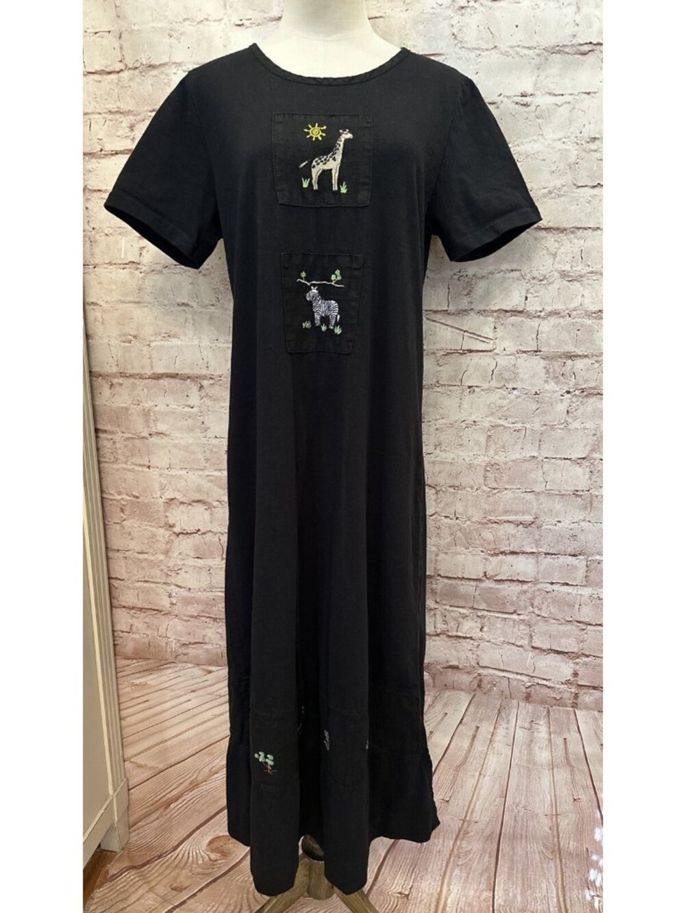 DONNA Vtg Midi Maxi Dress Womens S Black Short Sleeve Safari Jungle Giraffe